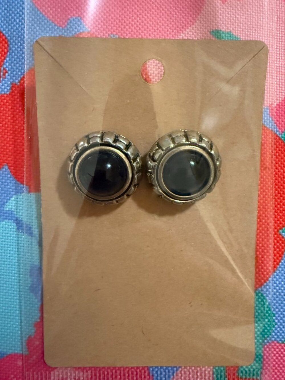 Vintage Style Black Cabochon Silver Tone Stud Earrings